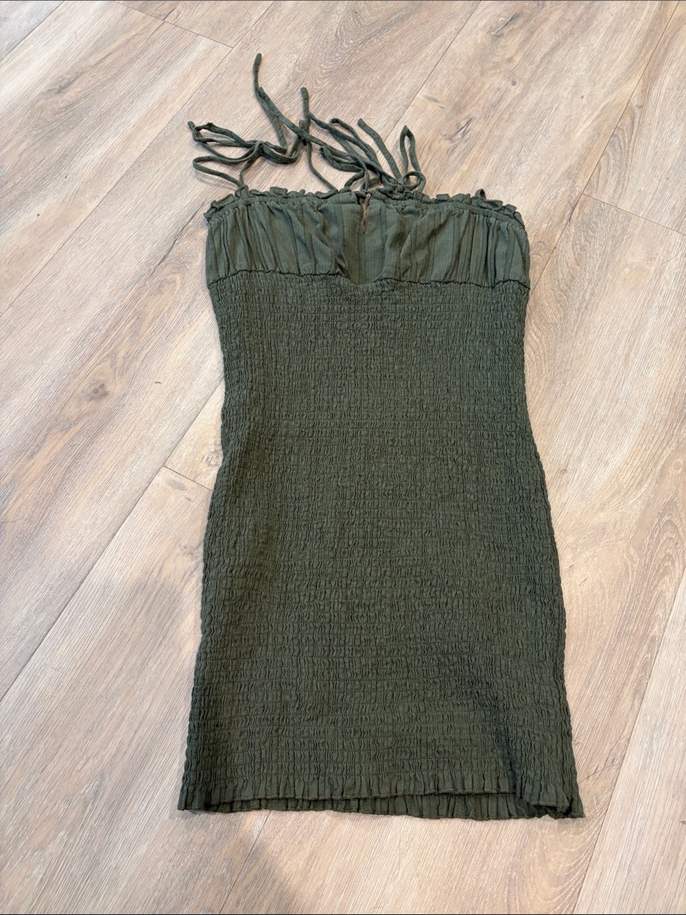 Smocked Olive Green Mini Dress with Tie Straps